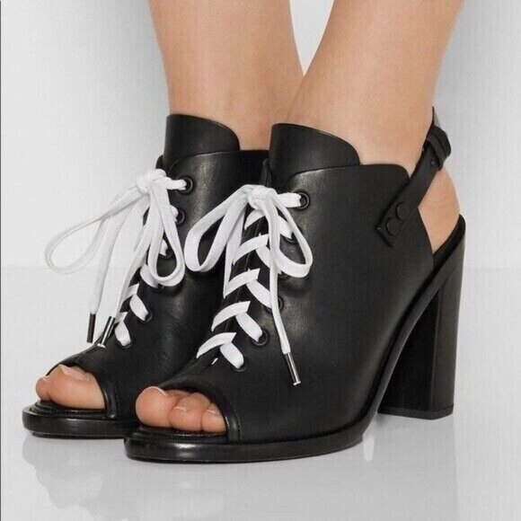 Rag & Bone Trafford Lace-Up Booties Black Leather size 6-1/2 Open Toe sling back - Picture 2 of 11